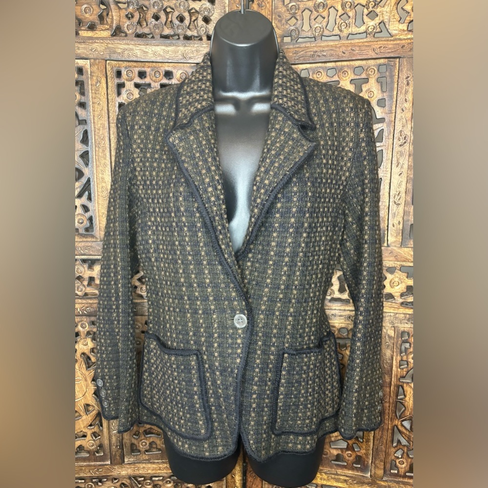 IISLI NewYork 100% Wool Womens Size 6 Knit Blazer Sweater Jacket Brown Black